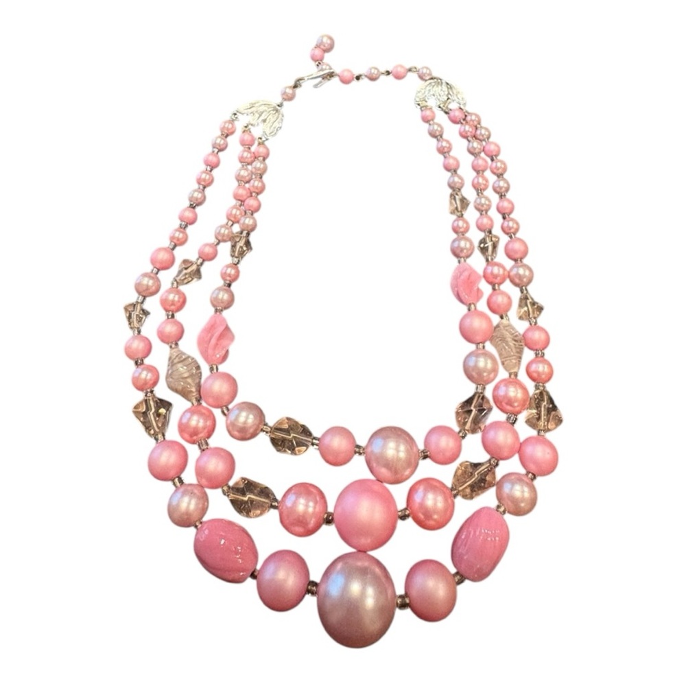 Vintage Stamped Japan Pink Bead Triple Strand Necklace Barbiecore